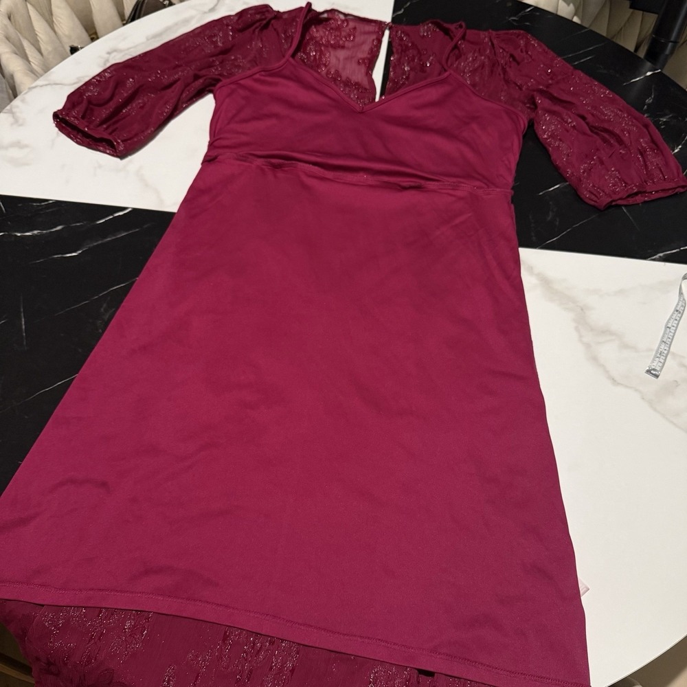 CALVIN KLEIN Purple Pink Jacquard Chiffon Hi-Low Fit & Flare Dress Sz 14 Women's - Picture 11 of 14